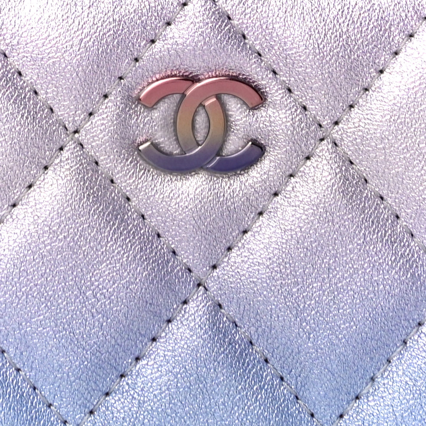 Gradient Metallic Calfskin Quilted Zip Around Coin Purse Wallet Silver Blue Yellow Purple