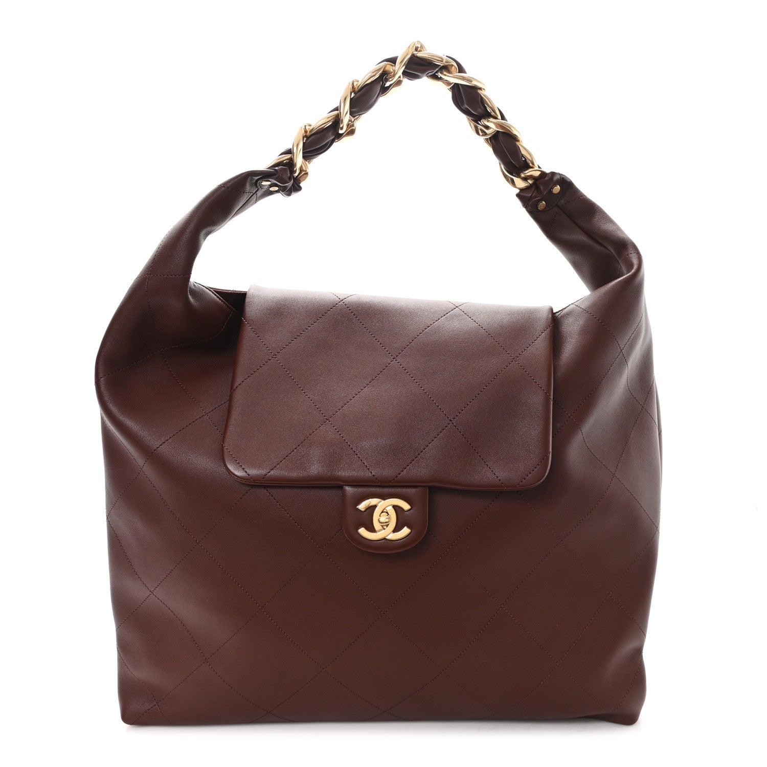 Chanel Shiny Calfskin Quilted Maxi Chain Hobo Dark Brown 1 of 10