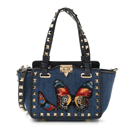 Valentino Garavani Denim Butterfly Embroidered Mini Rockstud Tote Blue Multicolor 1 of 11