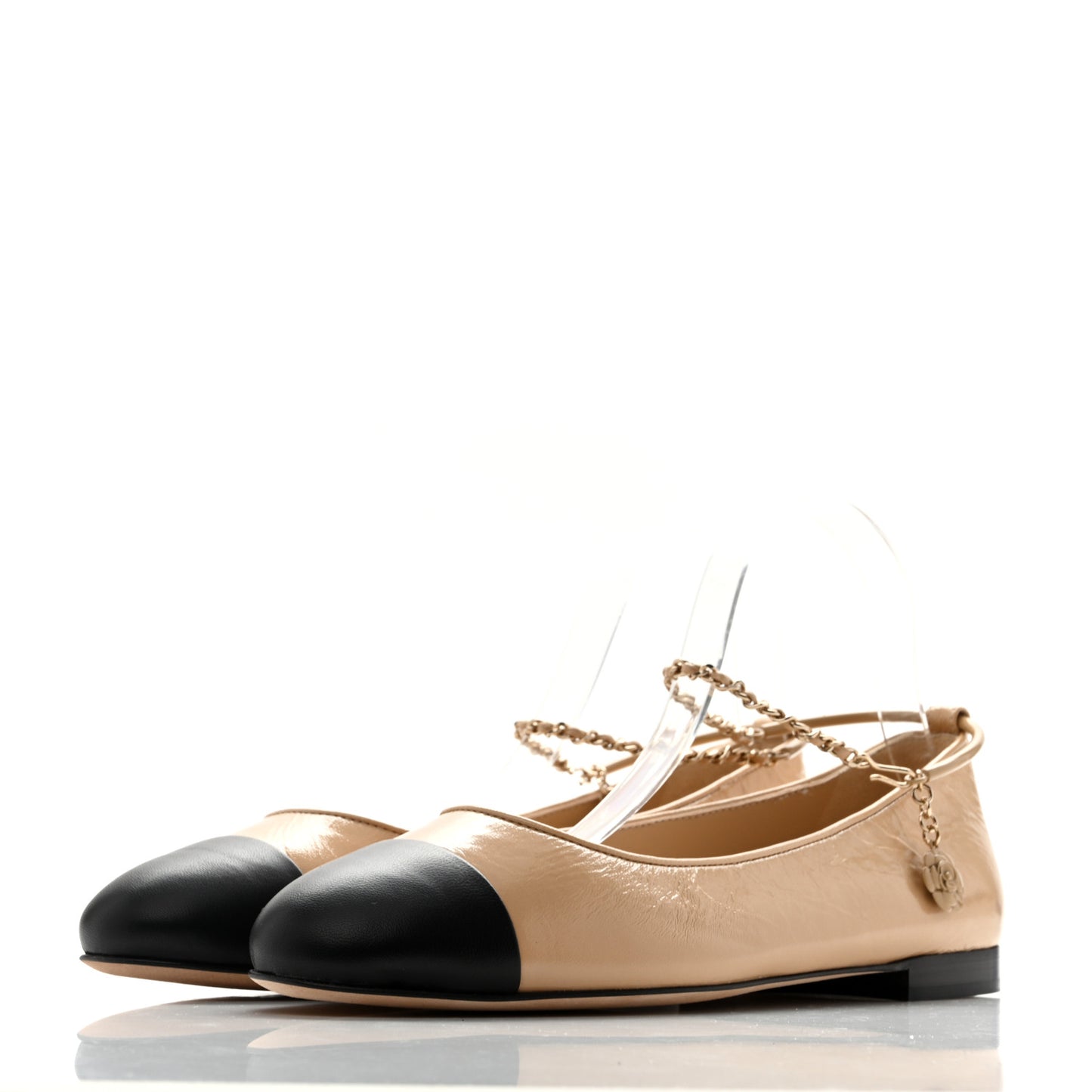 Lambskin Cap Toe Ankle Chain Ballerina Flats 41 Beige Black