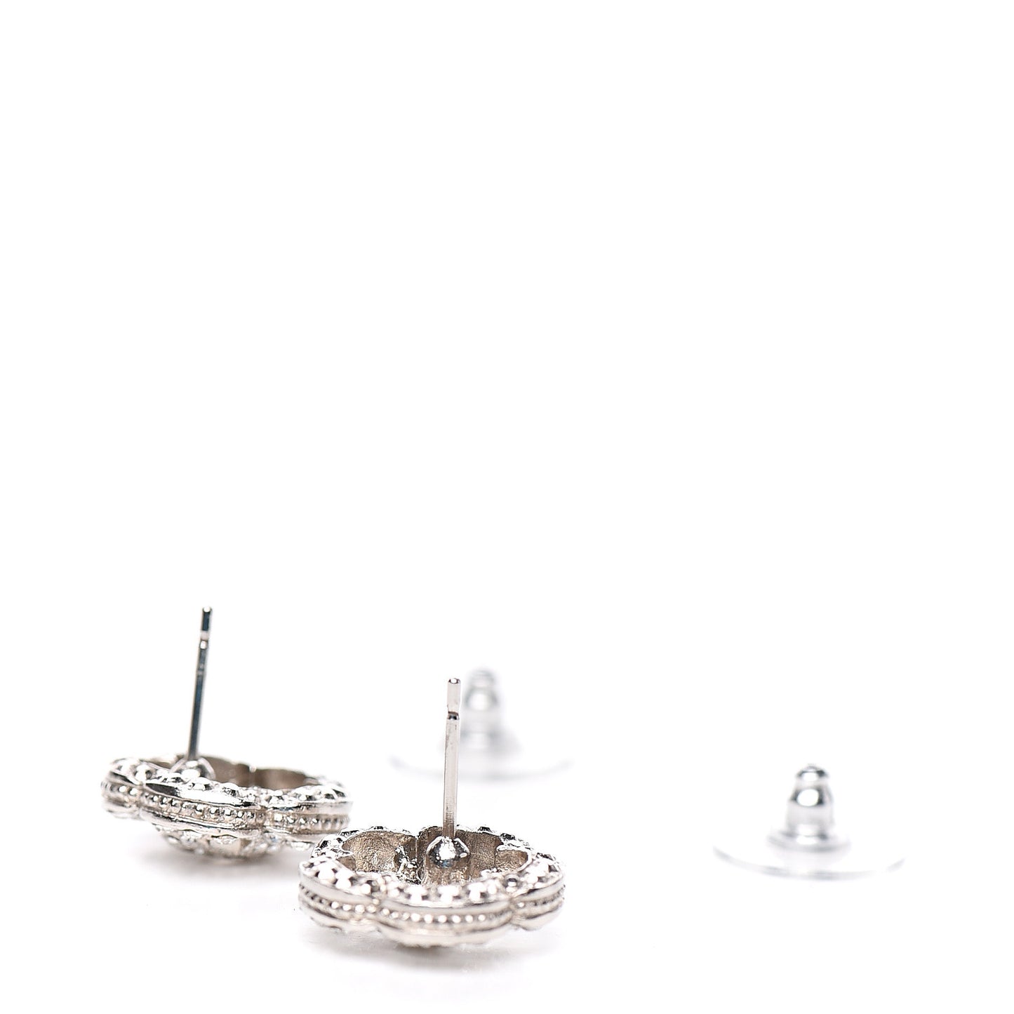 Crystal Coco Flapper Camellia CC Stud Earrings Silver