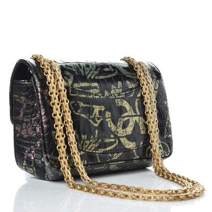 Chanel Calfskin Crocodile Embossed Graffiti 2.55 Mini Cocodile Reissue Flap Black Pink 3 of 11