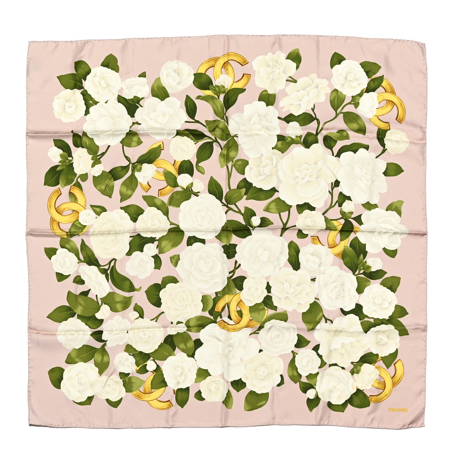 CHANEL ロゴ入り スカーフ ホワイト クリーム Chanel Silk CC Logo Camellia Scarf White Pink Multicolor 1772602