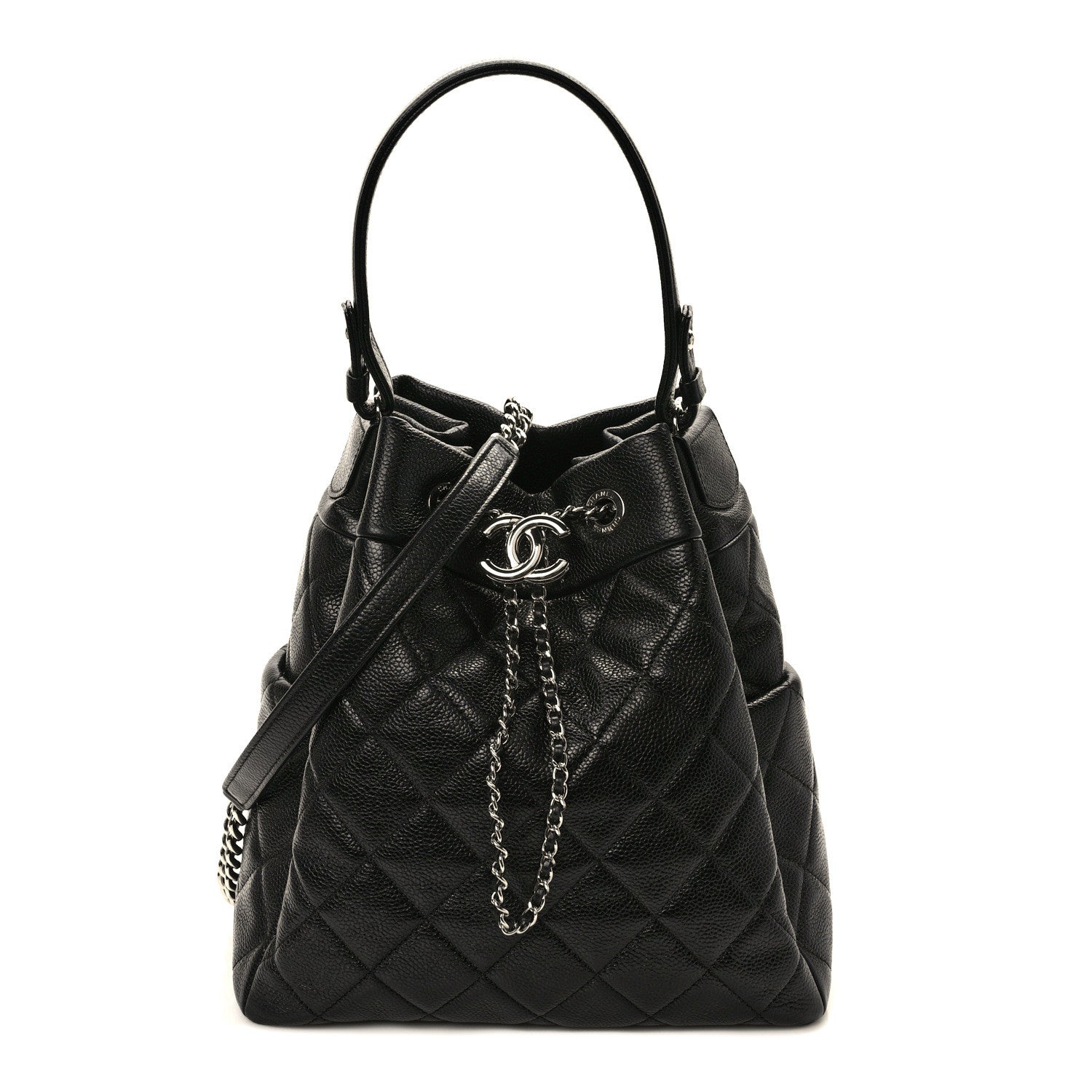 Chanel Caviar Flat Quilted CC Chain Bucket Drawstring Bag Black 1 of 10