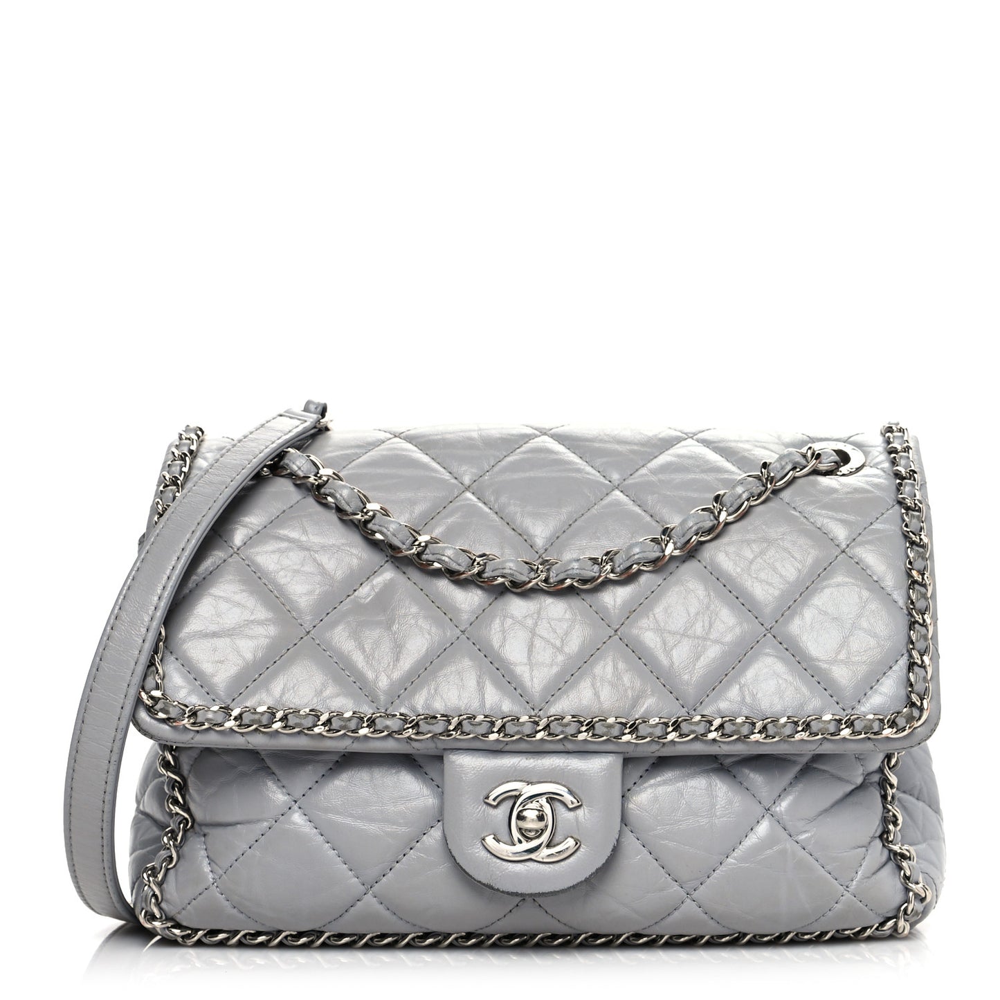 Crumpled Calfskin Medium Chain All Over Flap Grey