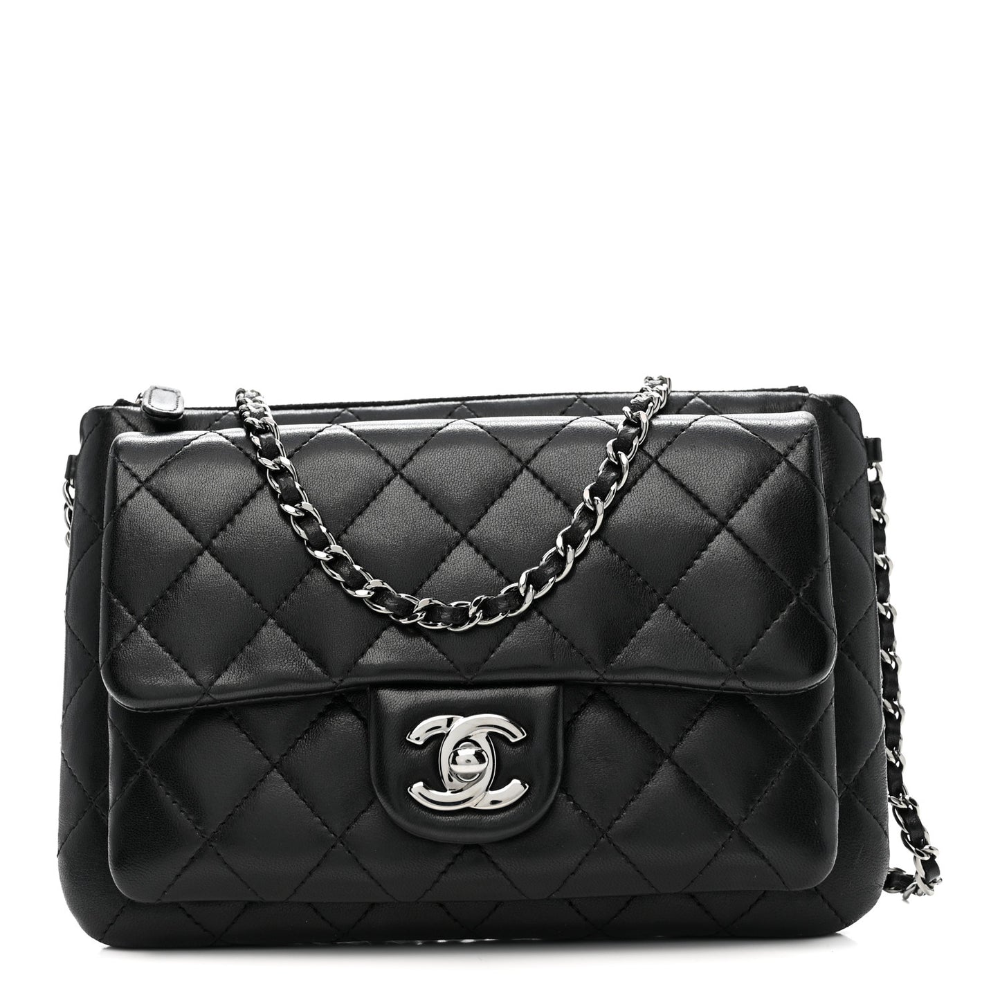 Lambskin Quilted Front Pocket Clutch With Chain Black