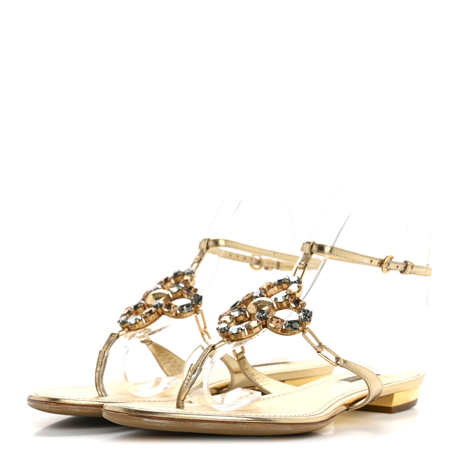 Louis Vuitton Metallic Calfskin Crystal Flower Thong Flat Sandals 37.5 Gold 4 of 14