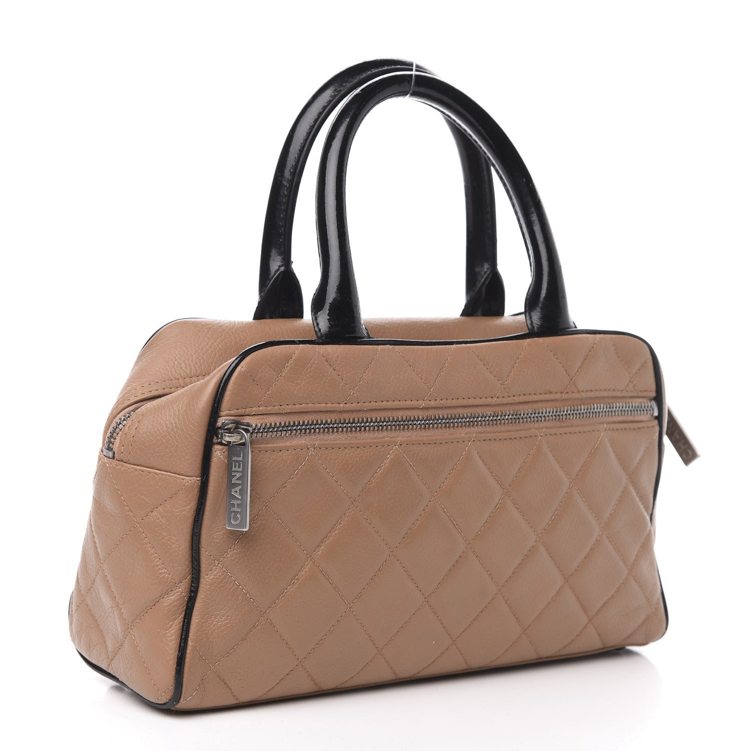 Chanel Calfskin Patent Quilted Small Bowler Bag Beige Black 3 of 12