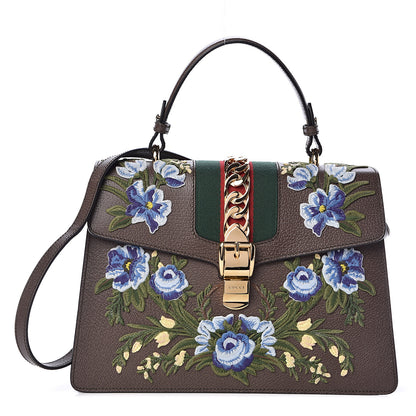 Gucci Calfskin Embroidered Medium Sylvie Top Handle Bag New Acero Multicolor 1 of 10
