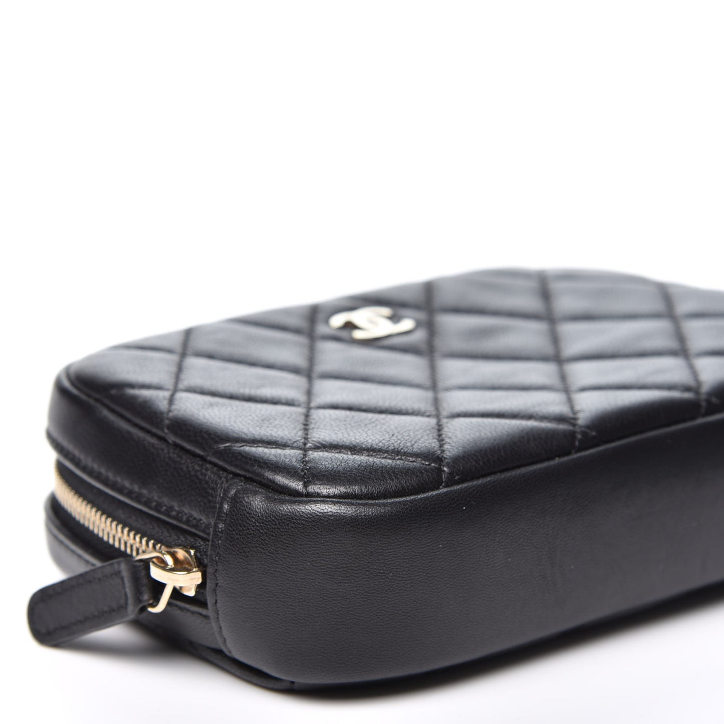 Lambskin Quilted Small Curvy Pouch Cosmetic Case Black