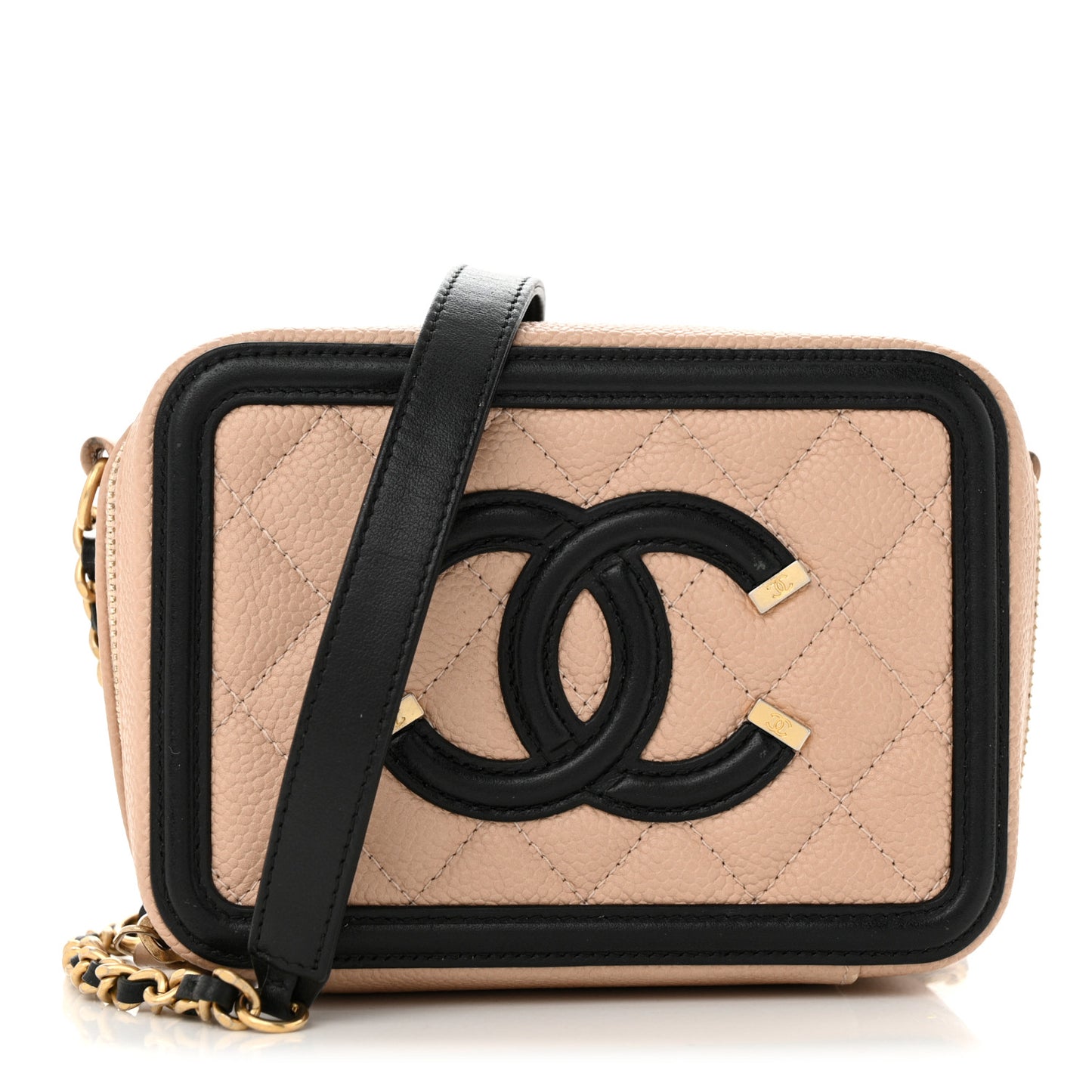Caviar Quilted CC Filigree Vanity Clutch With Chain Beige Black