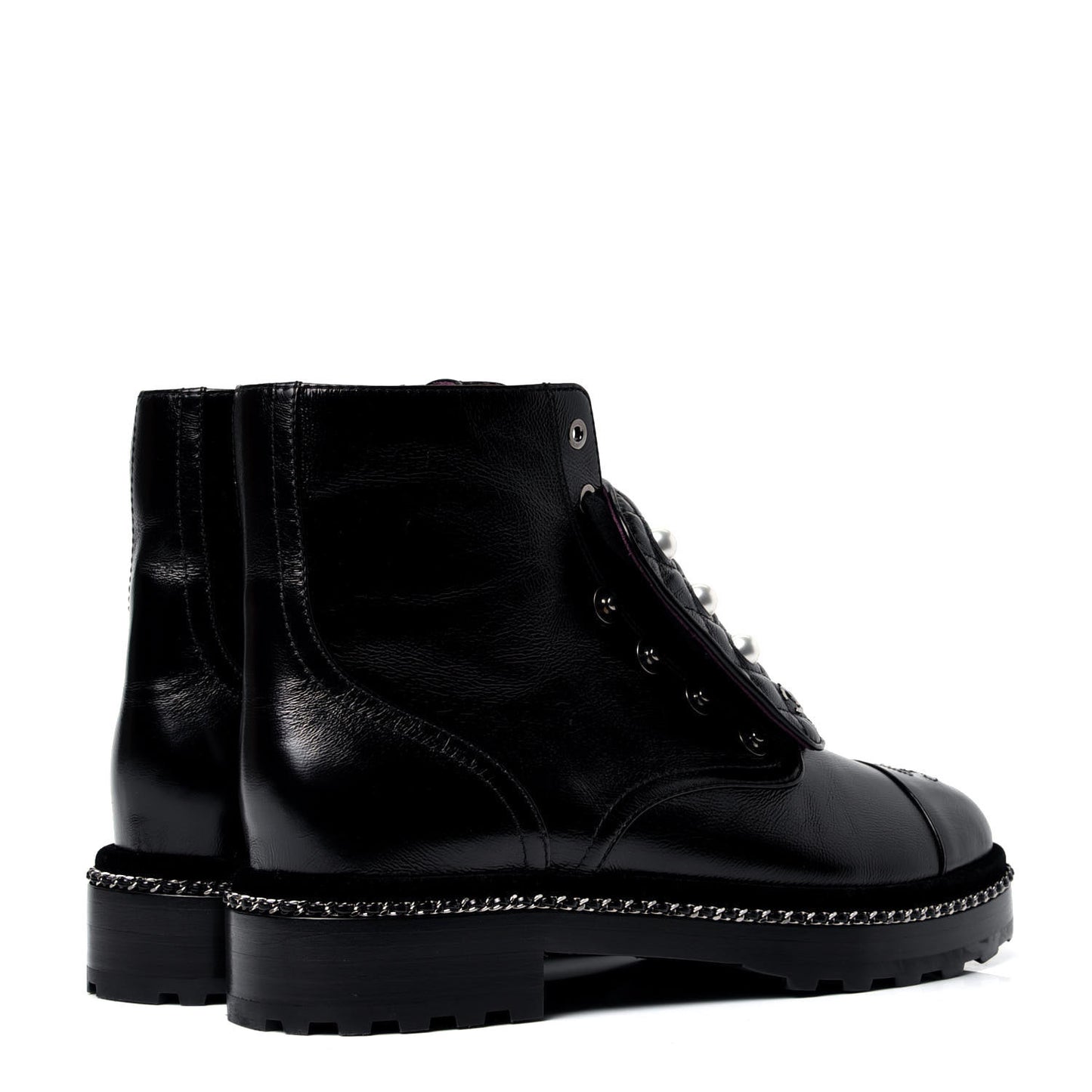 Crackled Calfskin Velvet Pearl Combat Short Boots 41.5 Black