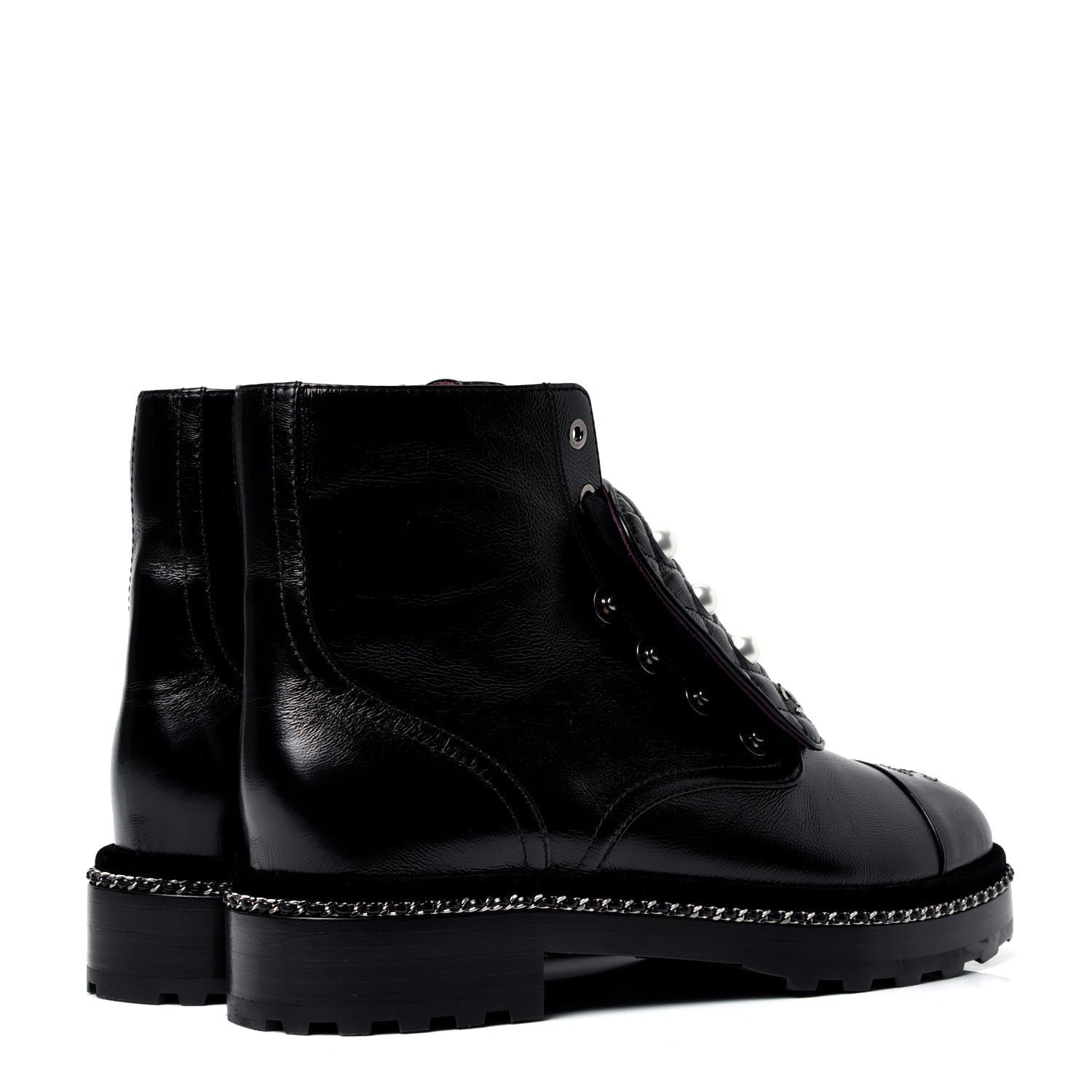 Chanel Crackled Calfskin Velvet Pearl Combat Short Boots 41.5 Black 3 of 6