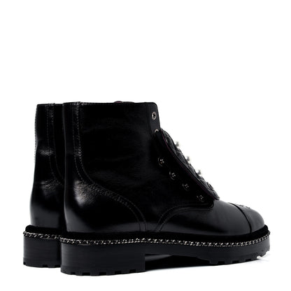 Chanel Crackled Calfskin Velvet Pearl Combat Short Boots 41.5 Black 3 of 6