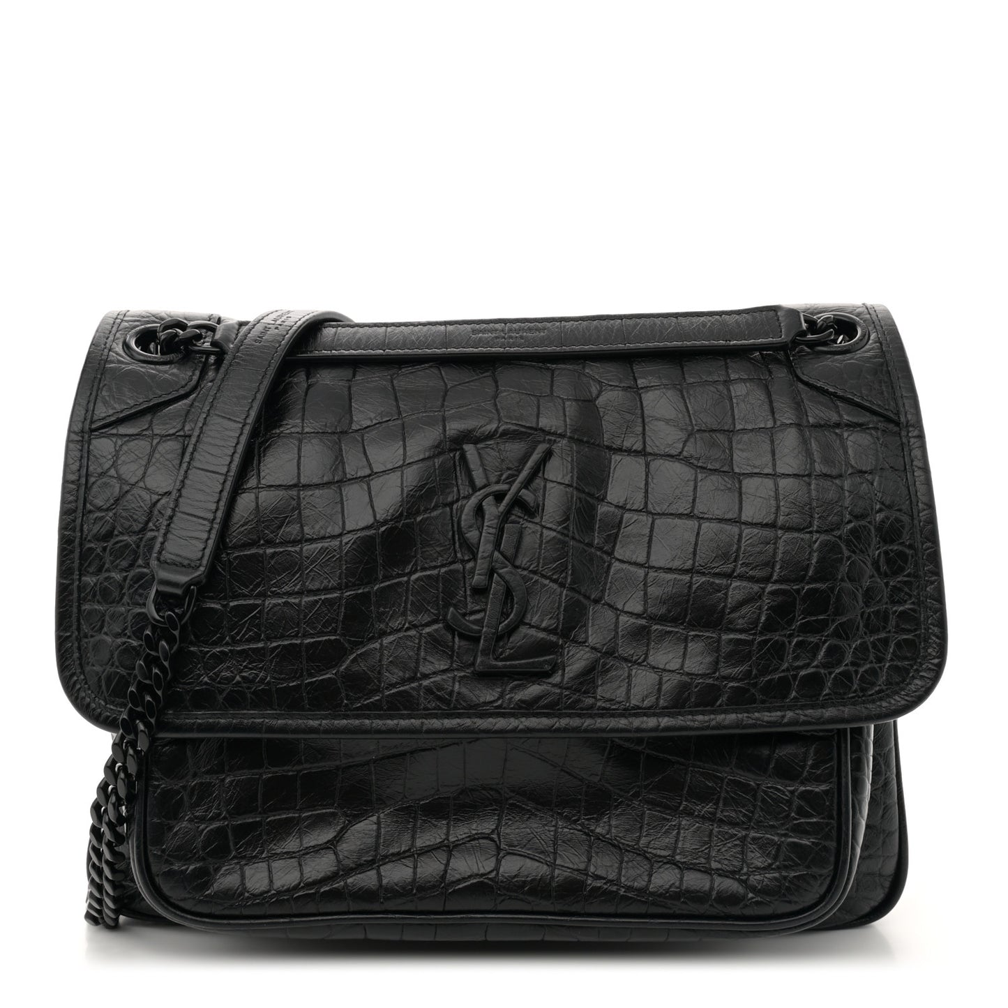 Crocodile Embossed Lambskin Monogram Medium Niki Chain Satchel Black