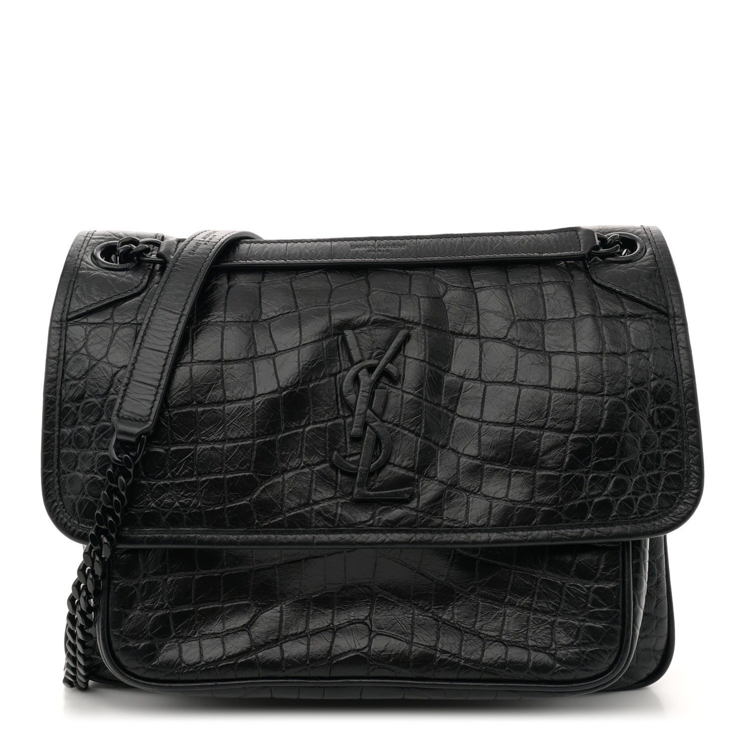 Saint Laurent Crocodile Embossed Lambskin Monogram Medium Niki Chain Satchel Black 1 of 11