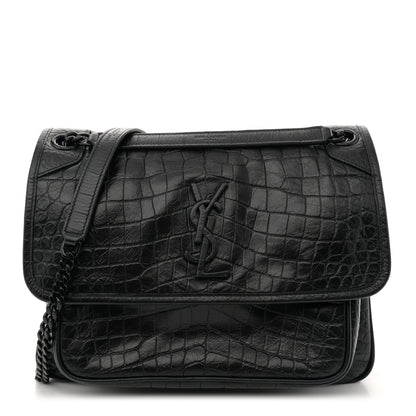 Saint Laurent Crocodile Embossed Lambskin Monogram Medium Niki Chain Satchel Black 1 of 11