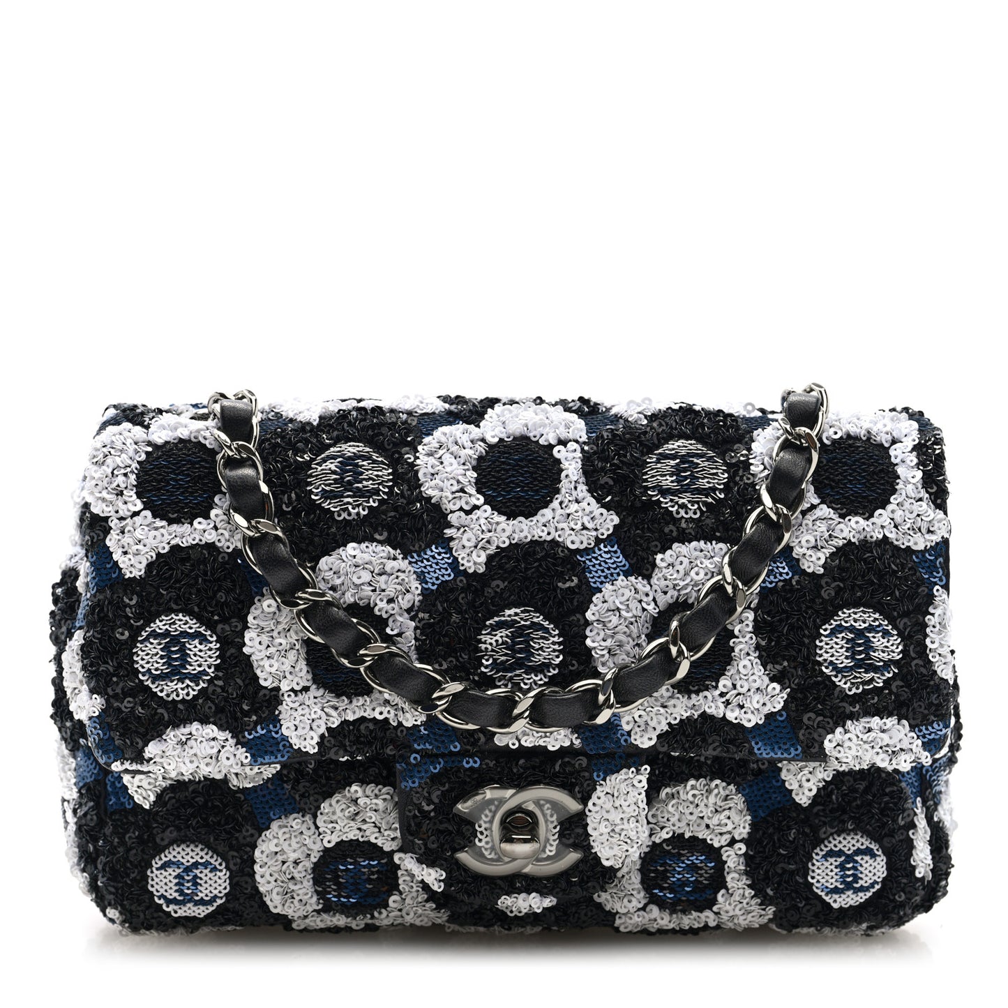 Satin Sequin Embellished Flower Mini Rectangular Flap Black White Blue