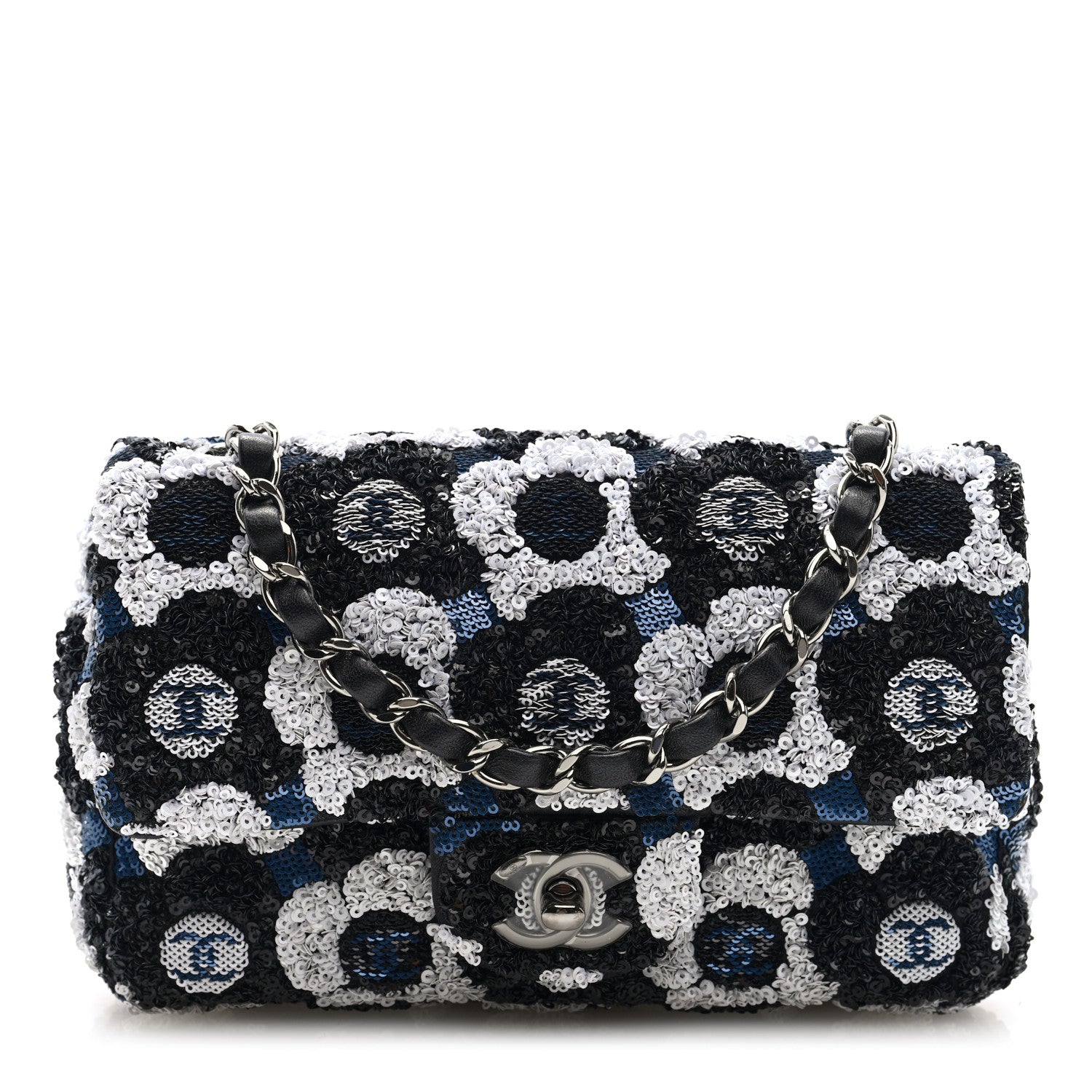 Chanel Satin Sequin Embellished Flower Mini Rectangular Flap Black White Blue 1 of 10