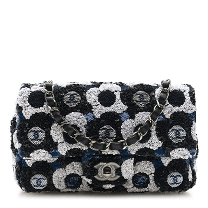 Chanel Satin Sequin Embellished Flower Mini Rectangular Flap Black White Blue 1 of 10