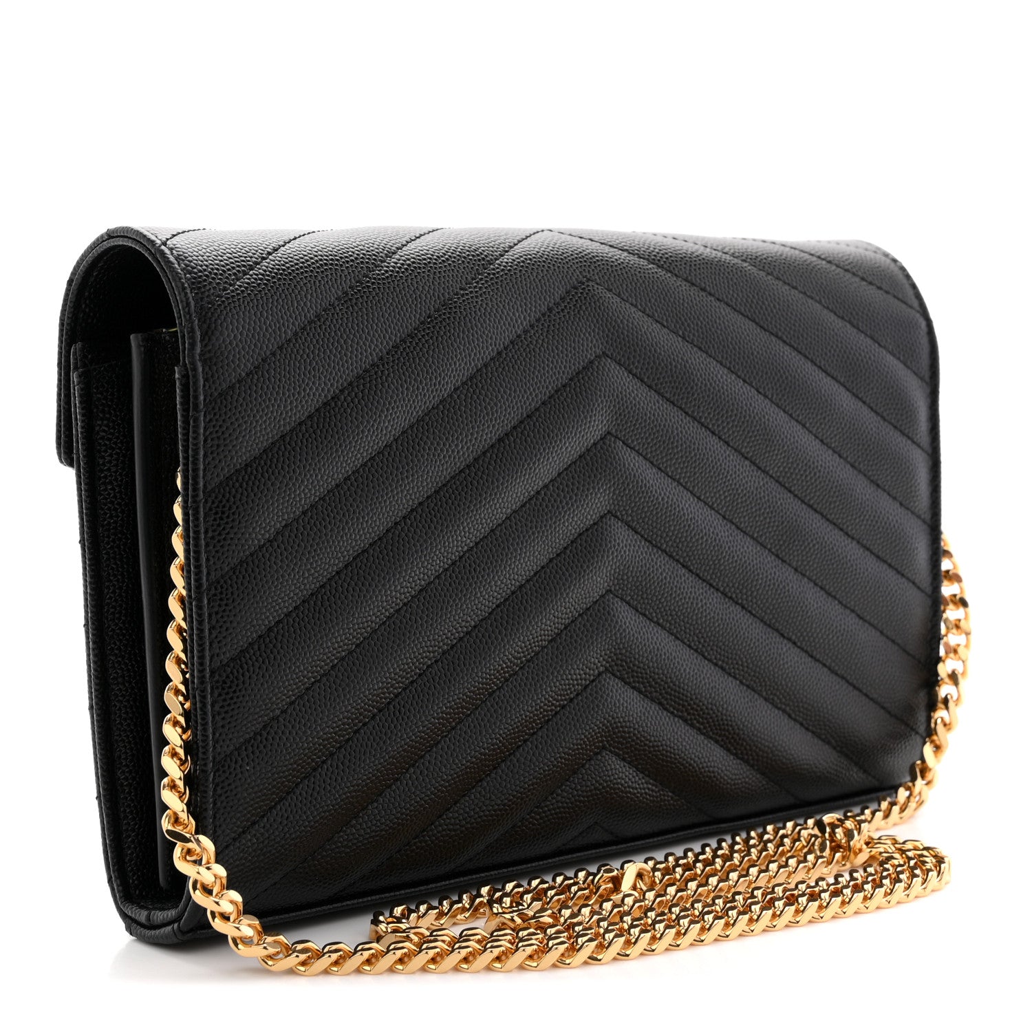 Saint Laurent Grain De Poudre Matelasse Chevron Monogram Chain Wallet Black 4 of 11