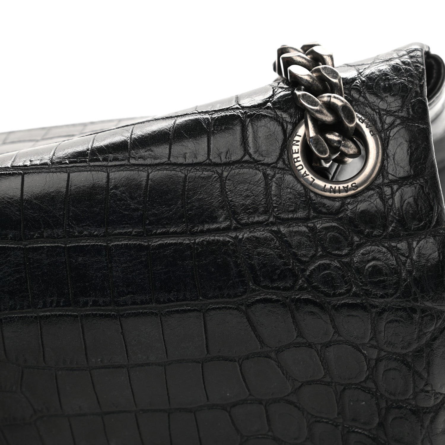 Saint Laurent Calfskin Crocodile Embossed Medium West Hollywood Monogram Fold-Over Black 21 of 23