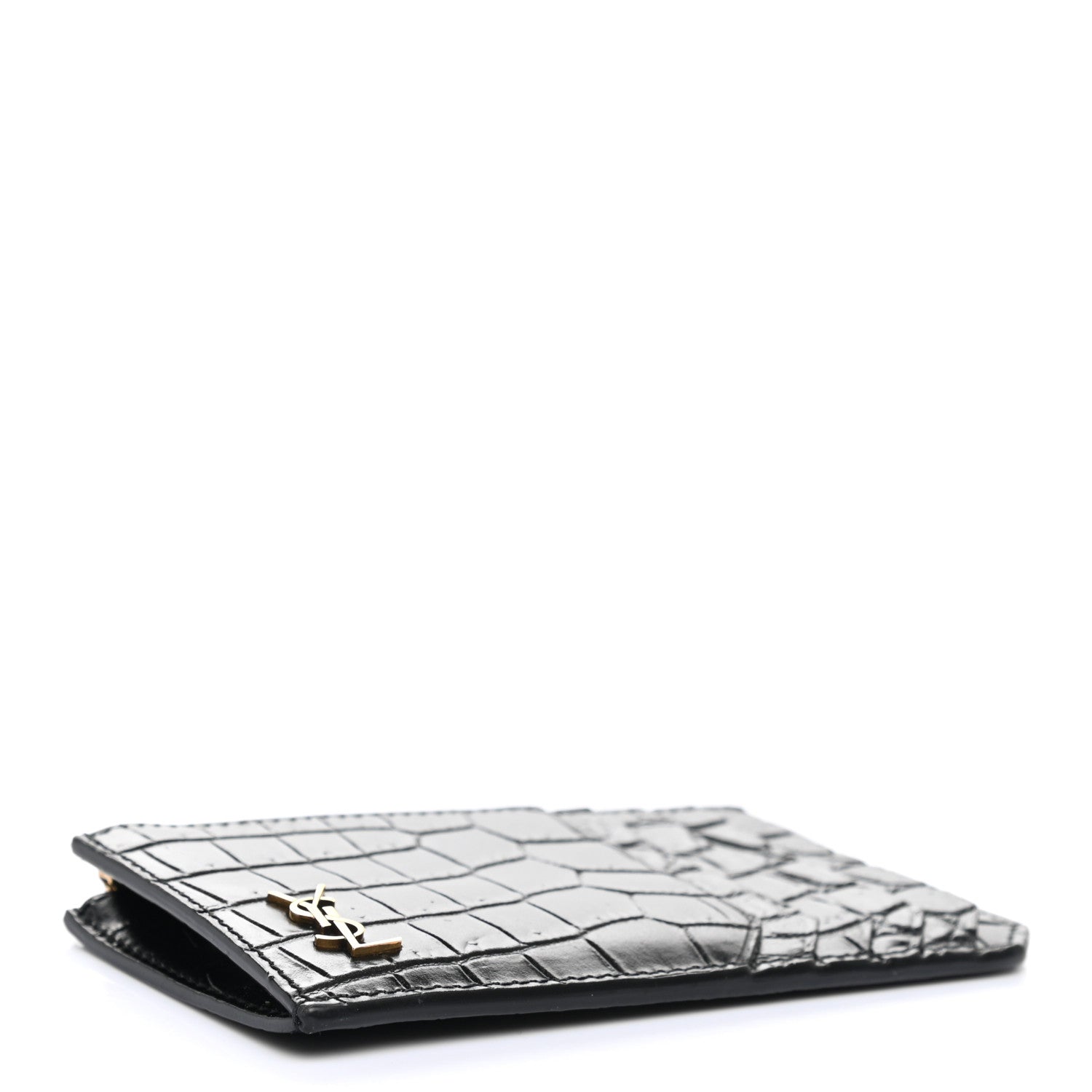 Saint Laurent Calfskin Crocodile Embossed 5 Fragments Zip Pouch Card Holder Black 4 of 6