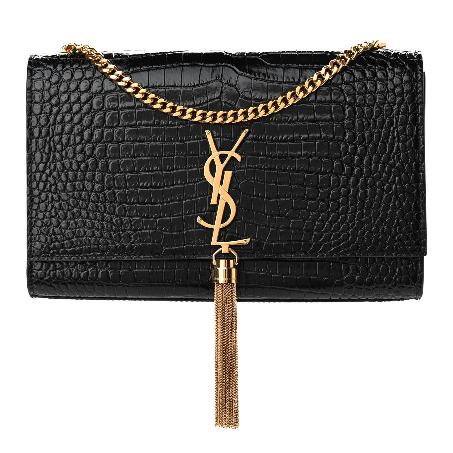 Calfskin Crocodile Embossed Medium Classic Monogram Kate Tassel Satchel Black