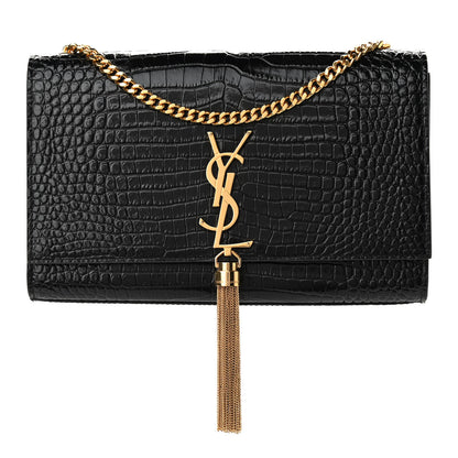Saint Laurent Calfskin Crocodile Embossed Medium Classic Monogram Kate Tassel Satchel Black 1 of 8