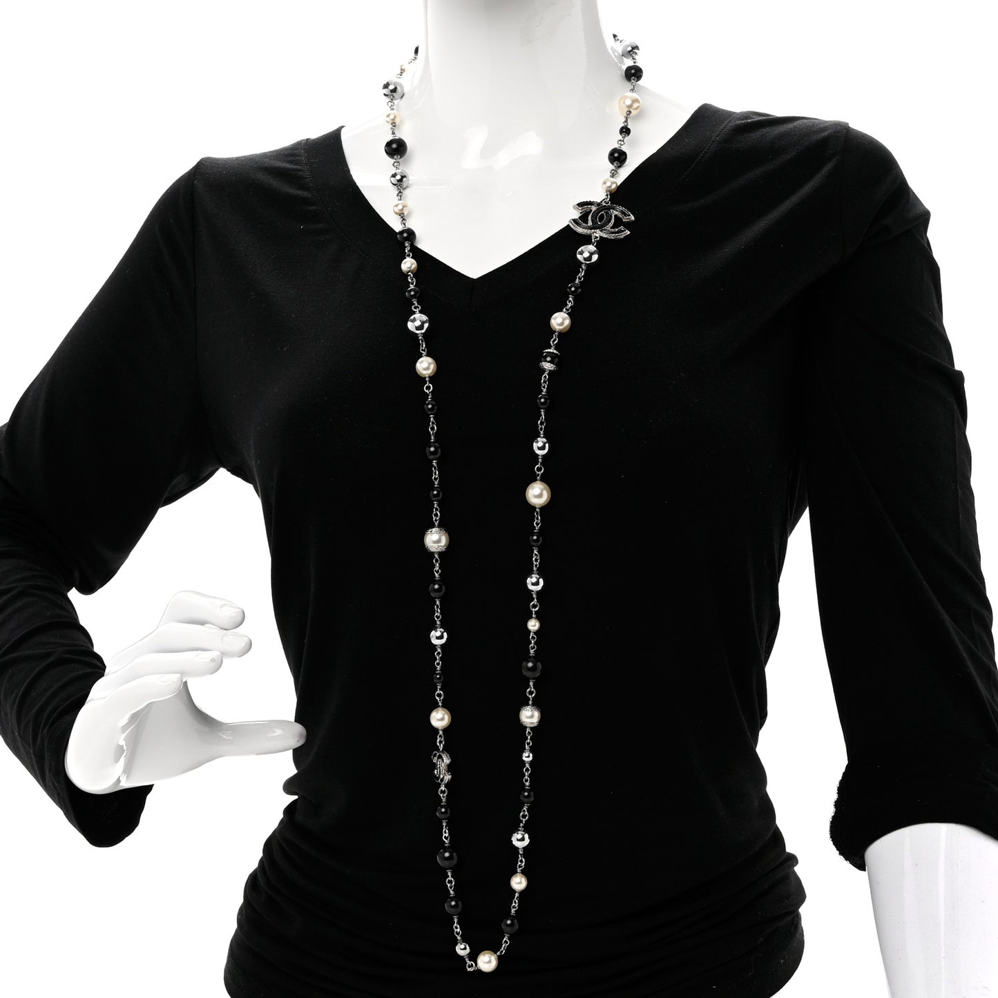 Pearl Bead Enamel CC Baroque Long Necklace Black Gold