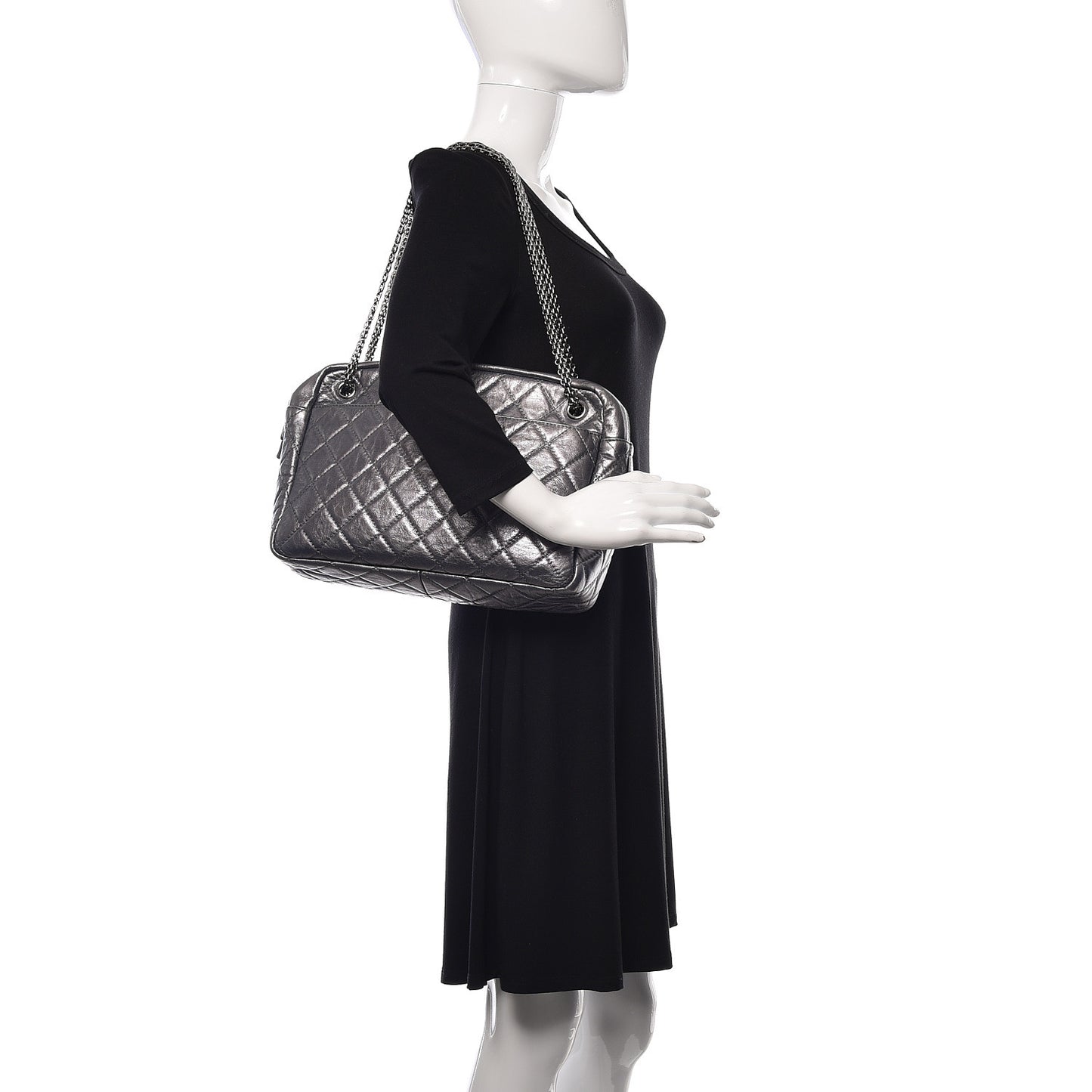 Metallic Aged Calfskin Quilted Large Reissue Camera Case Silver