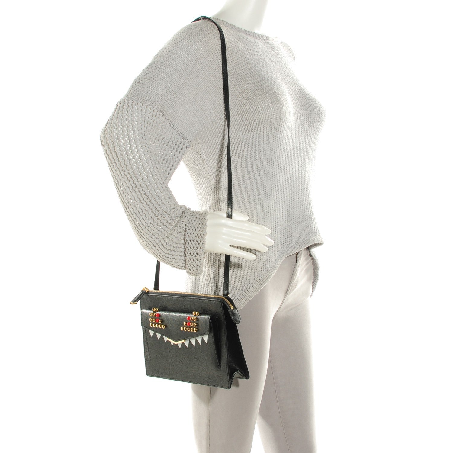 Fendi Vitello Elite Studded Monster Crossbody Bag Black 2 of 9