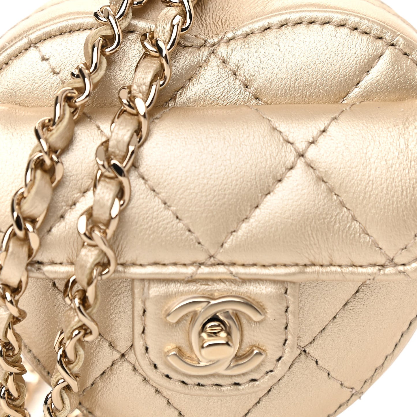 Metallic Lambskin Quilted CC In Love Heart Coin Purse With Chain Gold