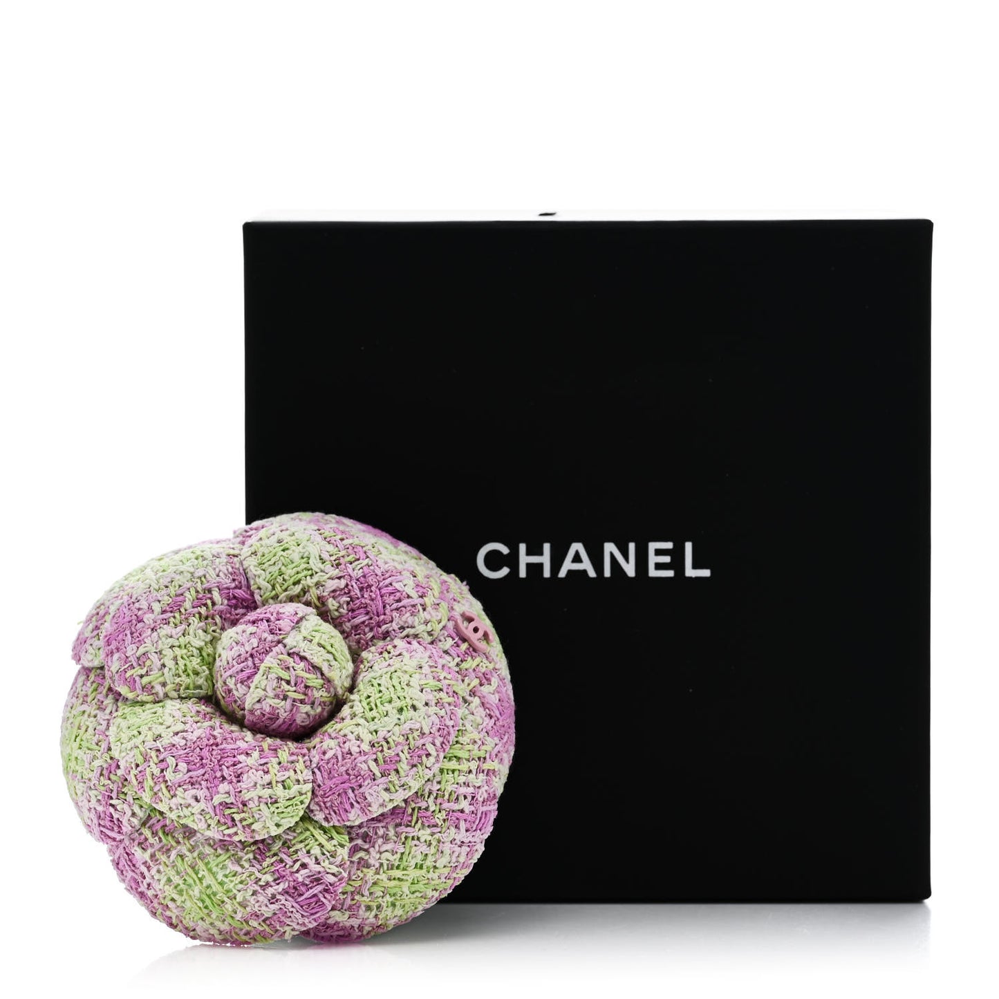 Tweed Camellia Brooch Green Pink