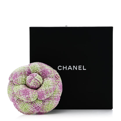 Chanel Tweed Camellia Brooch Green Pink 4 of 4
