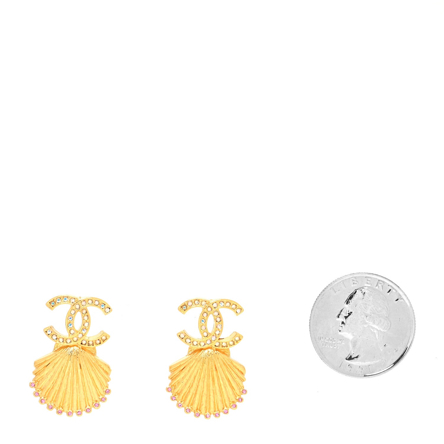Chanel Crystal CC Shell Earrings Gold Pink 2 of 4