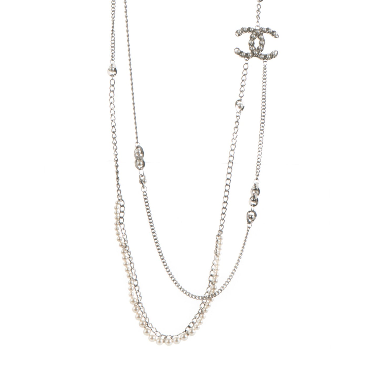 Pearl CC Long Chain Necklace Silver