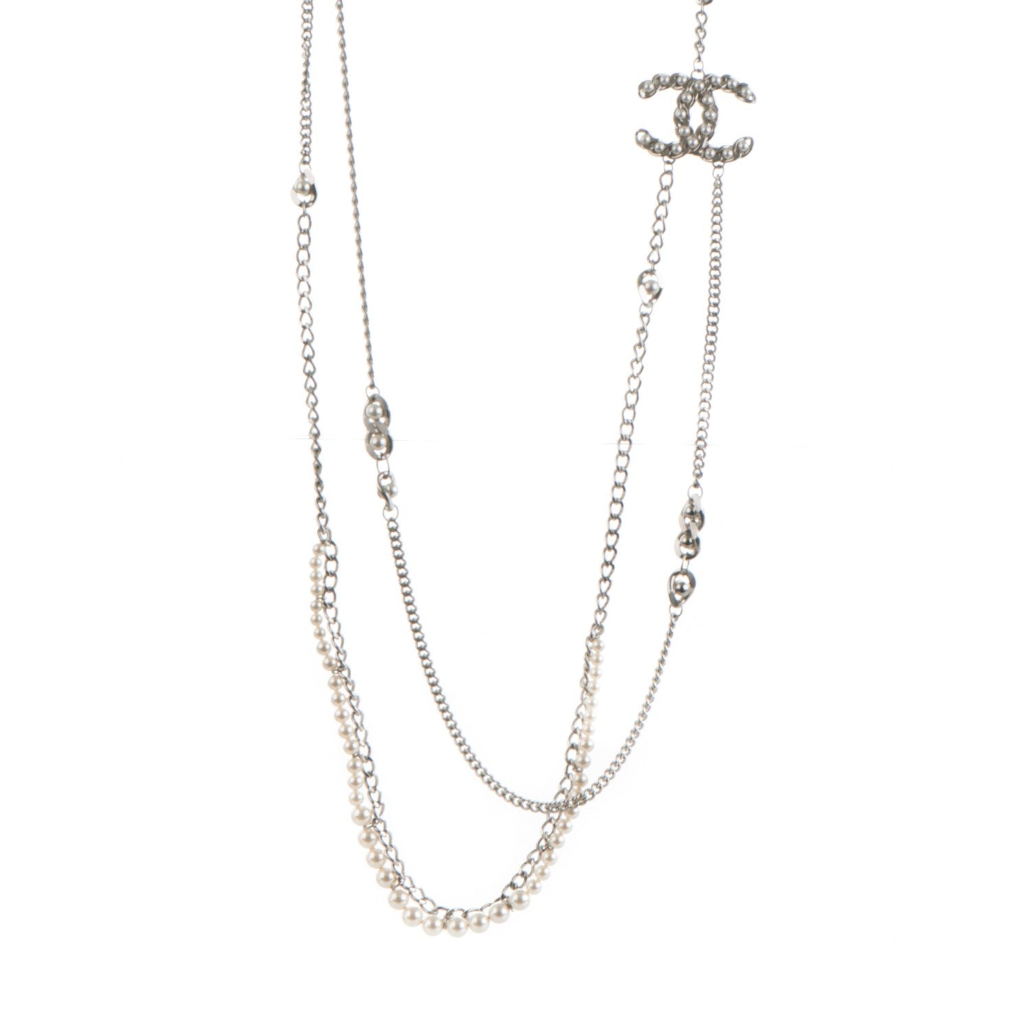 Chanel Pearl CC Long Chain Necklace Silver 1 of 4