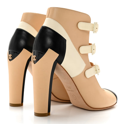 Chanel Lambskin Tri Color Cap Toe Mary Jane Pumps 37.5 Beige Black White 4 of 16