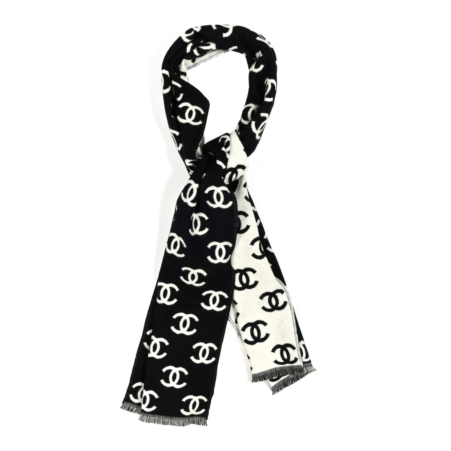 Chanel Wool Cashmere CC Scarf Black White 1 of 5