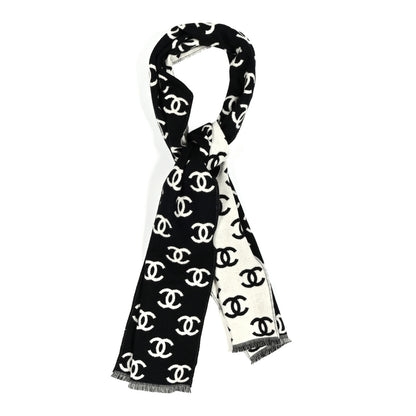 Chanel Wool Cashmere CC Scarf Black White 1 of 5