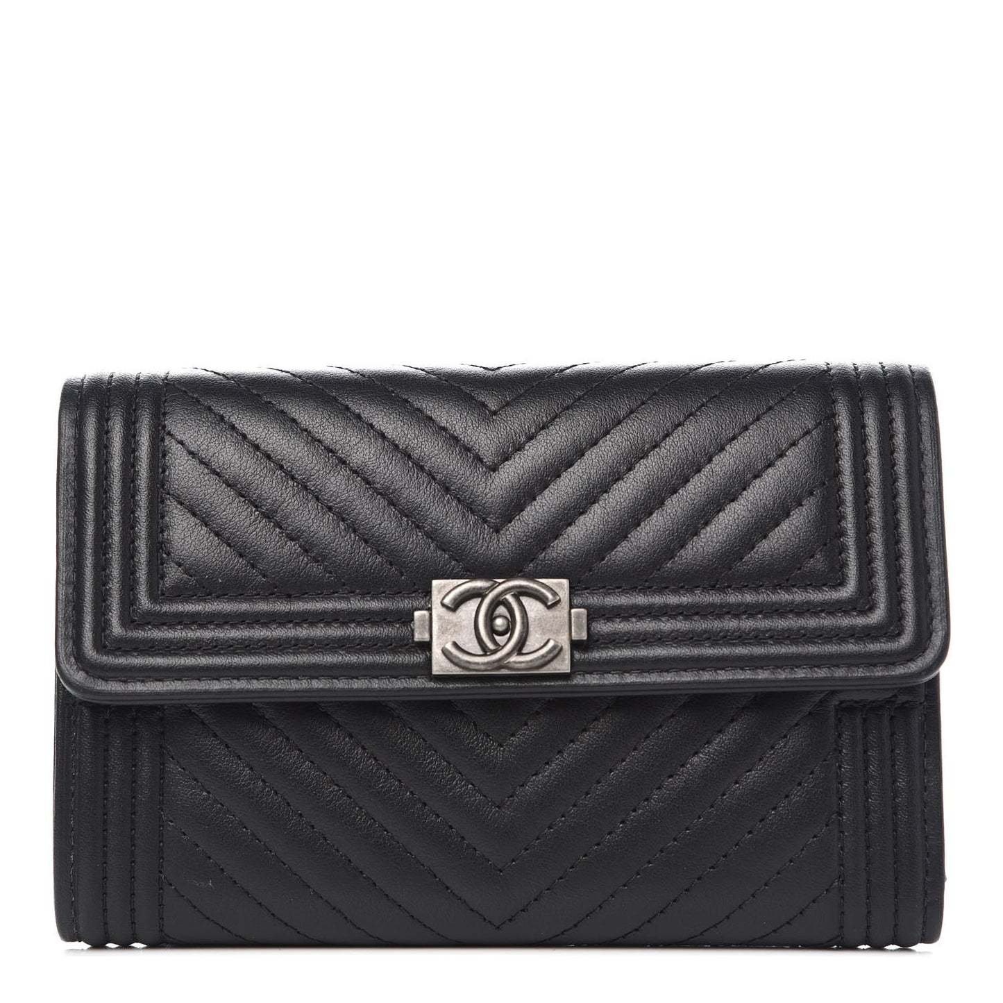 Calfskin Chevron Quilted Medium Boy Flap Wallet Black