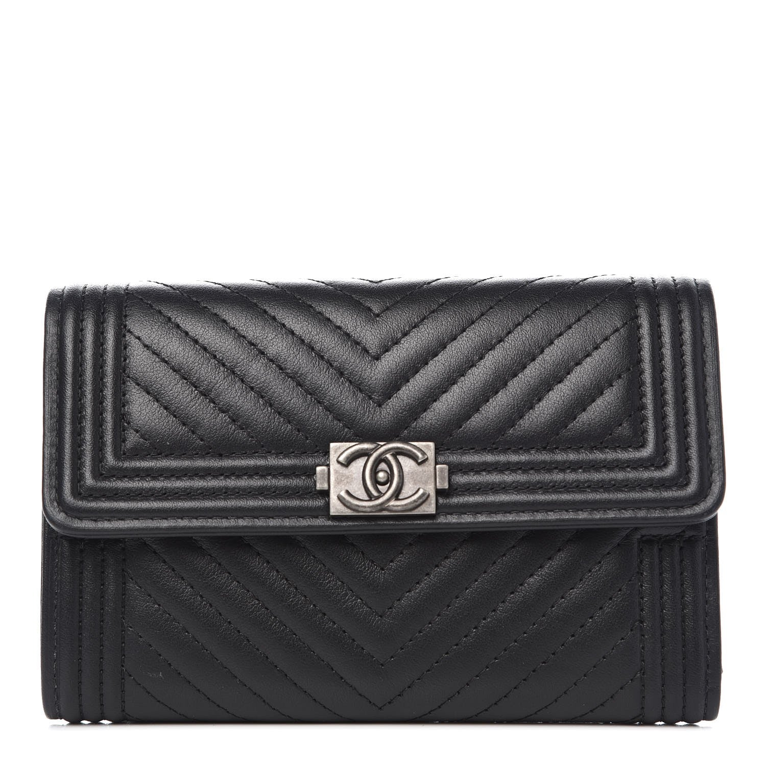 Chanel Calfskin Chevron Quilted Medium Boy Flap Wallet Black 1 of 8