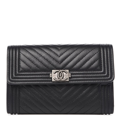 Chanel Calfskin Chevron Quilted Medium Boy Flap Wallet Black 1 of 8
