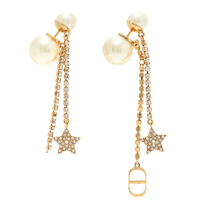 Christian Dior Pearl Crystal Star Tribale Dangle Chain Earrings Gold 1 of 5