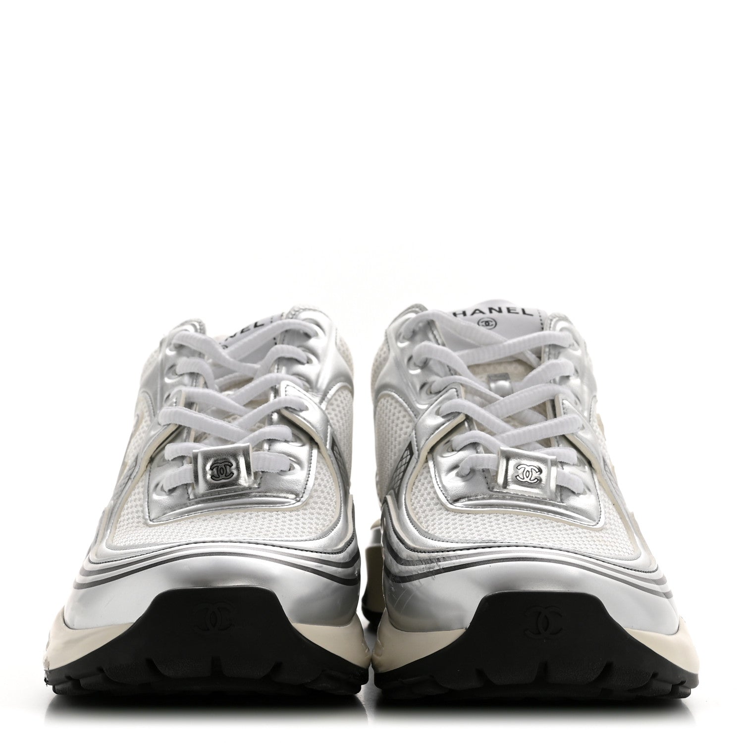 Chanel Fabric Laminated Calfskin Stretch CC Womens Sneakers 39.5 White Silver 3 of 11