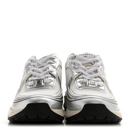 Chanel Fabric Laminated Calfskin Stretch CC Womens Sneakers 39.5 White Silver 3 of 11