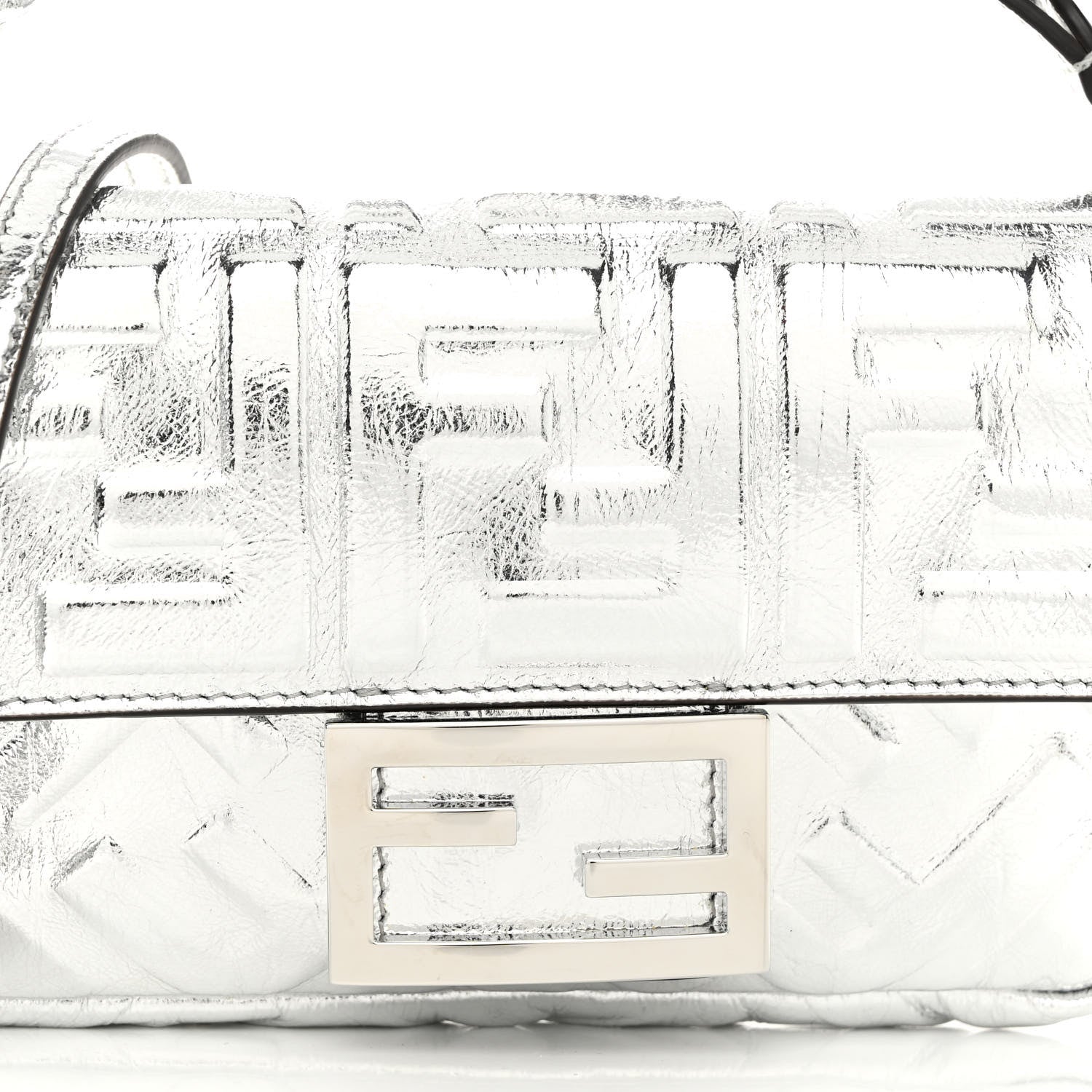 Fendi Vitello Catalan Mirror FF 1974 Embossed Mini Baguette Argento 7 of 9
