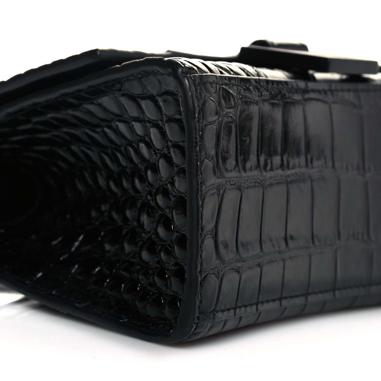 Shiny Calfskin Monochrome Crocodile Embossed Hourglass Top Handle Bag XS Black