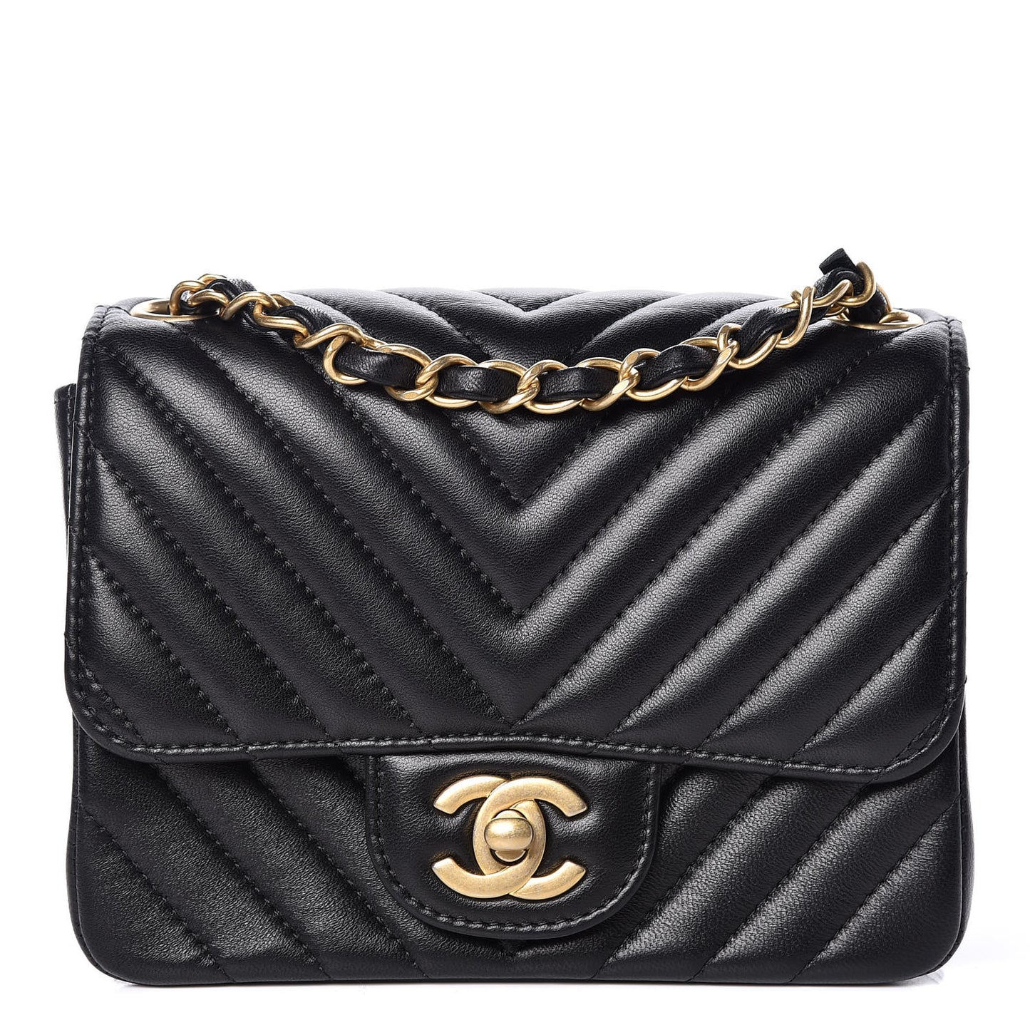 Lambskin Chevron Quilted Mini Square Flap Black